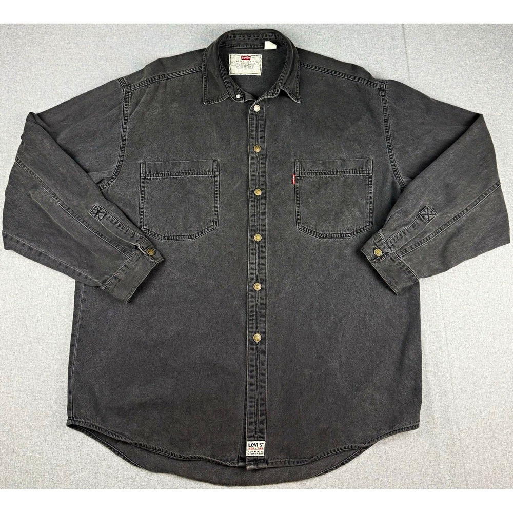 Vintage 1995 Levis Red Tab Denim Shirt Mens L Black Faded Workwear 877M